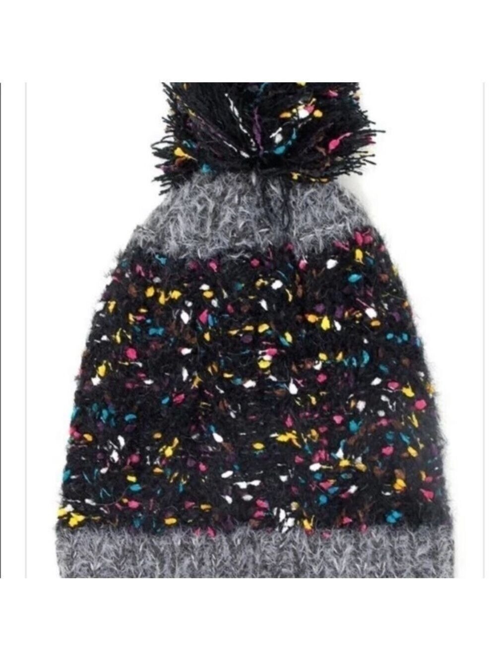 LOF Black Knit Beanie Hat Pom Pom Jewel Tone Confetti - Picture 2 of 2